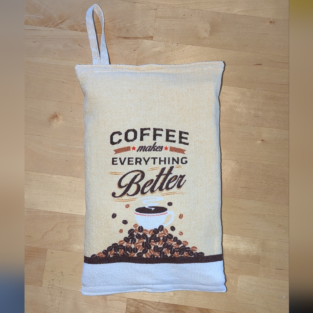 heating pad rice bag ice pack therapeutic Coffee Themed w Hanging Loop Low Tech